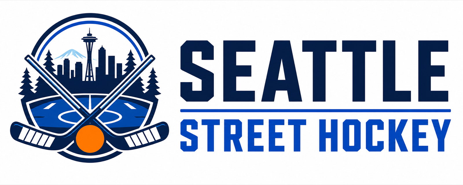 Seattle Street Hockey logo: Space Needle, downtown skyline, Mount Rainier, and crossed hockey sticks